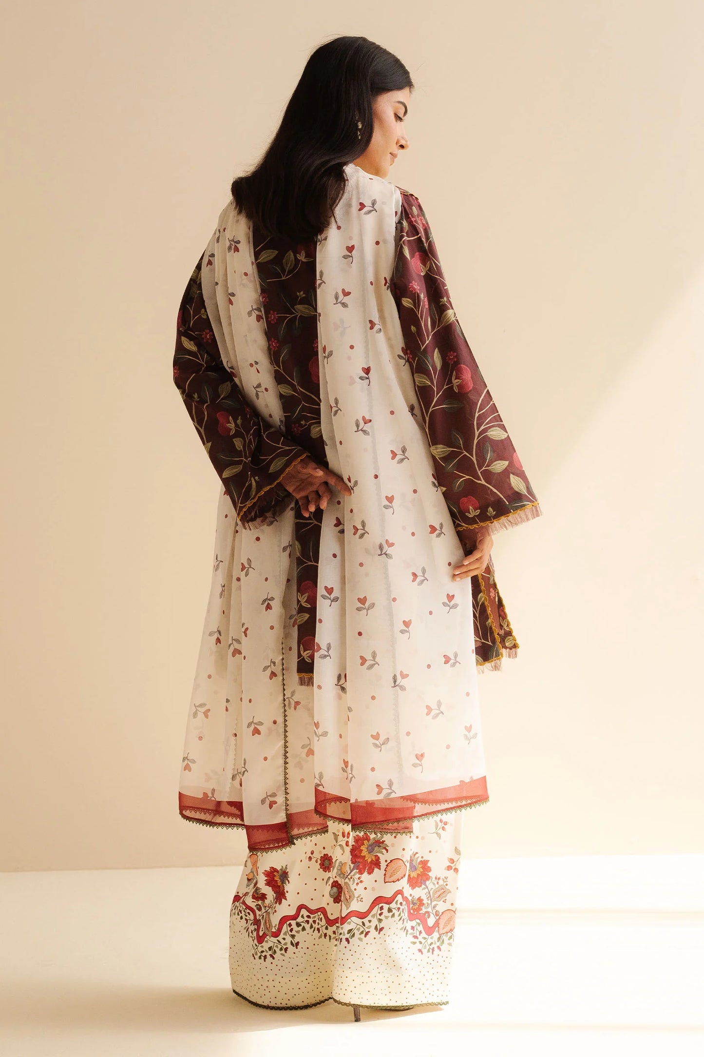 COCO BY ZARA SHAHJAHAN - 3PC UNSTITCHED - A warm, earthy brown shirt paired with crisp white pattern trousers,