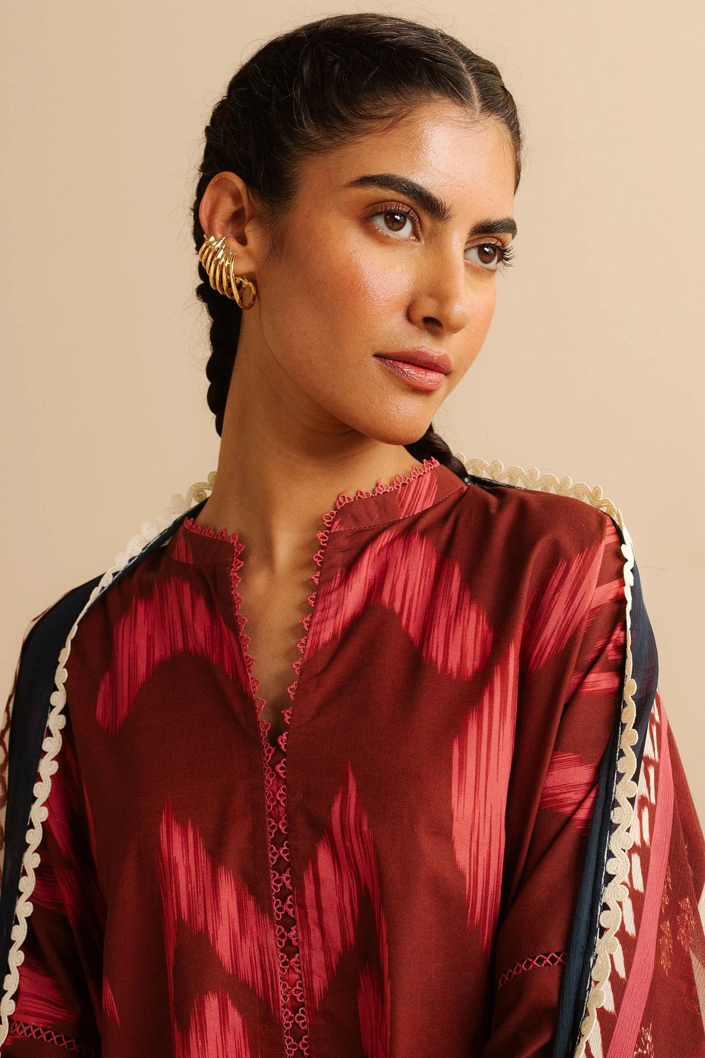 COCO BY ZARA SHAHJAHAN - 3PC UNSTITCHED - A cherry red printed shirt with a dupatta flowing gracefully, paired with white tailored trousers