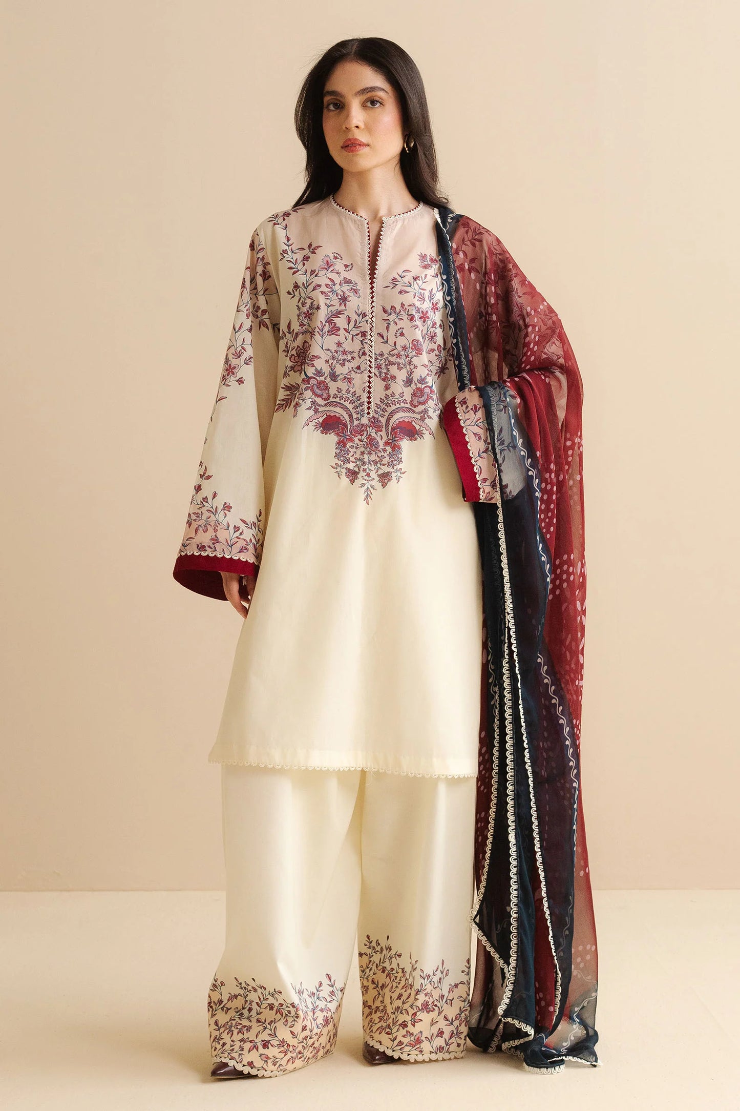 COCO BY ZARA SHAHJAHAN - 3PC UNSTITCHED - A printed shirt with vintage charm, worn with airy trousers and a gradient dupatta that ties the palette together.
