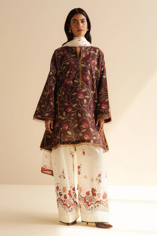 COCO BY ZARA SHAHJAHAN - 3PC UNSTITCHED - A warm, earthy brown shirt paired with crisp white pattern trousers,