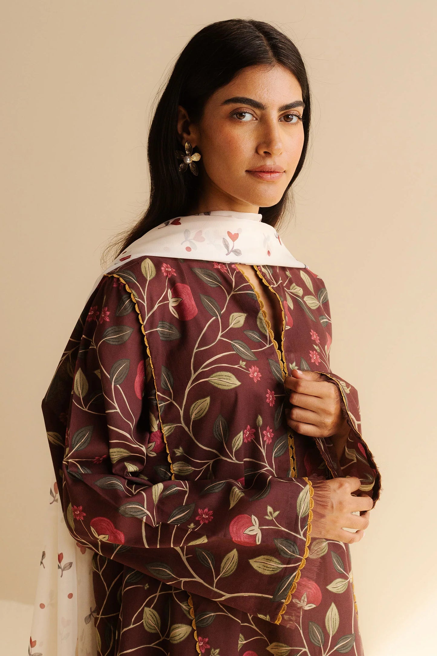 COCO BY ZARA SHAHJAHAN - 3PC UNSTITCHED - A warm, earthy brown shirt paired with crisp white pattern trousers,