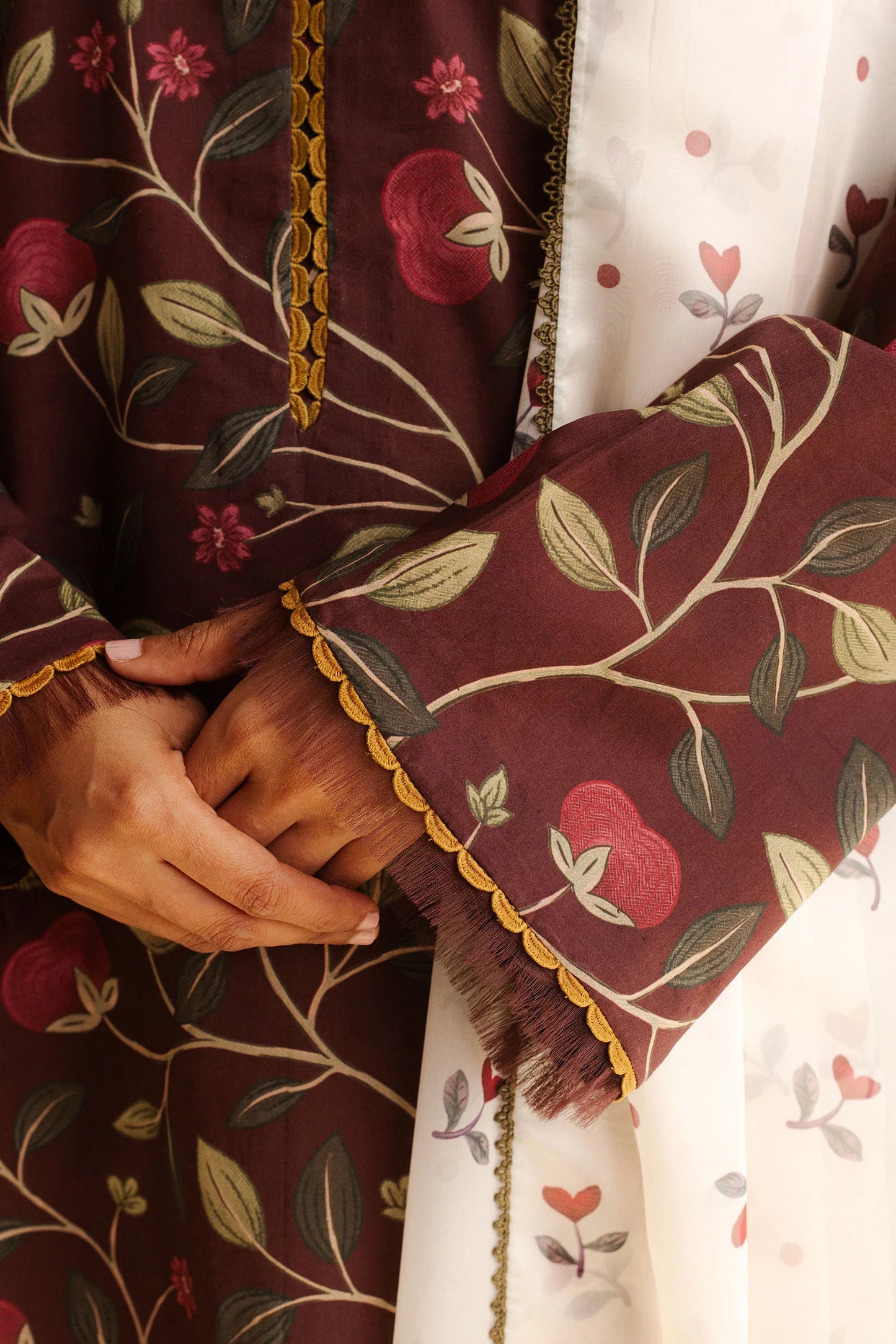 COCO BY ZARA SHAHJAHAN - 3PC UNSTITCHED - A warm, earthy brown shirt paired with crisp white pattern trousers,