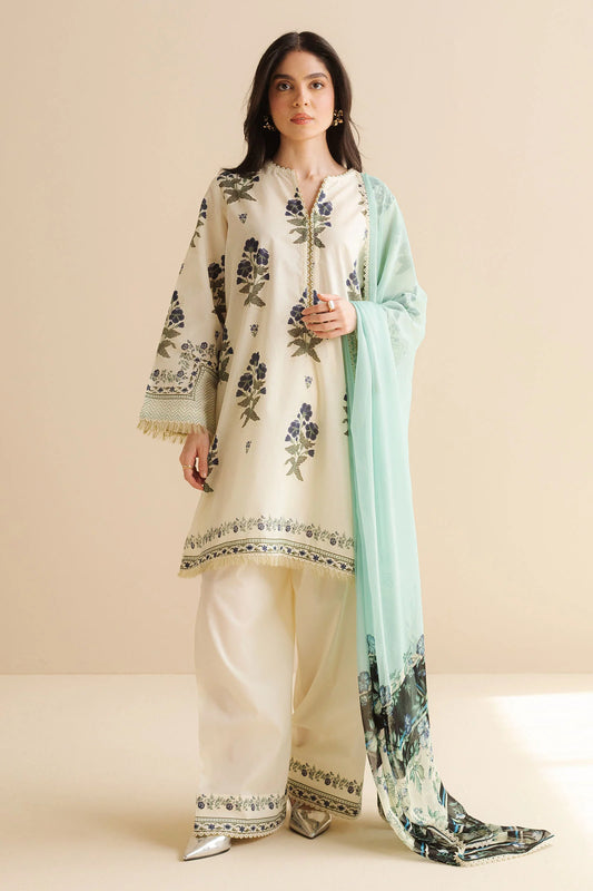 COCO BY ZARA SHAHJAHAN - 3PC UNSTITCHED - A classic white printed shirt featuring intricate prints, styled with scalloped trousers and a light blue dupatta