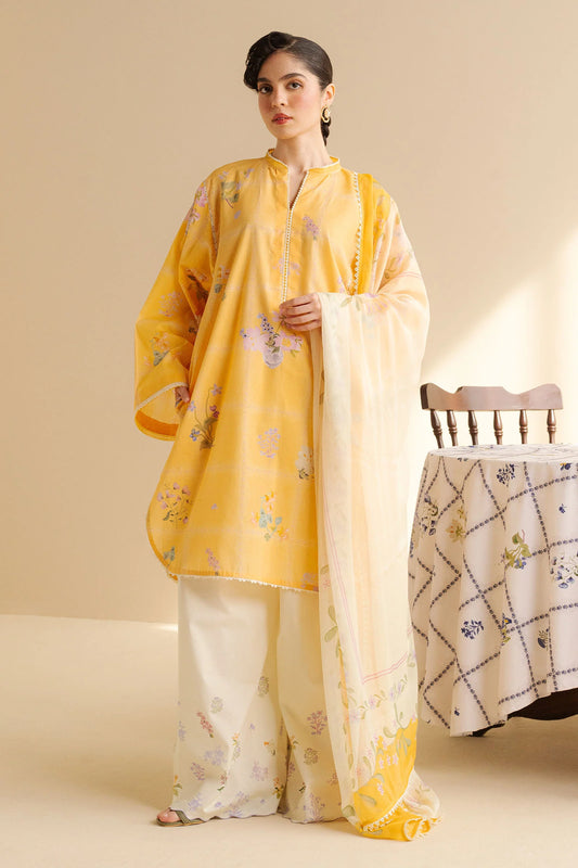 COCO BY ZARA SHAHJAHAN - 3PC UNSTITCHED - A playful yellow print shirt teamed with cuffed trousers and a dusty-toned dupatta