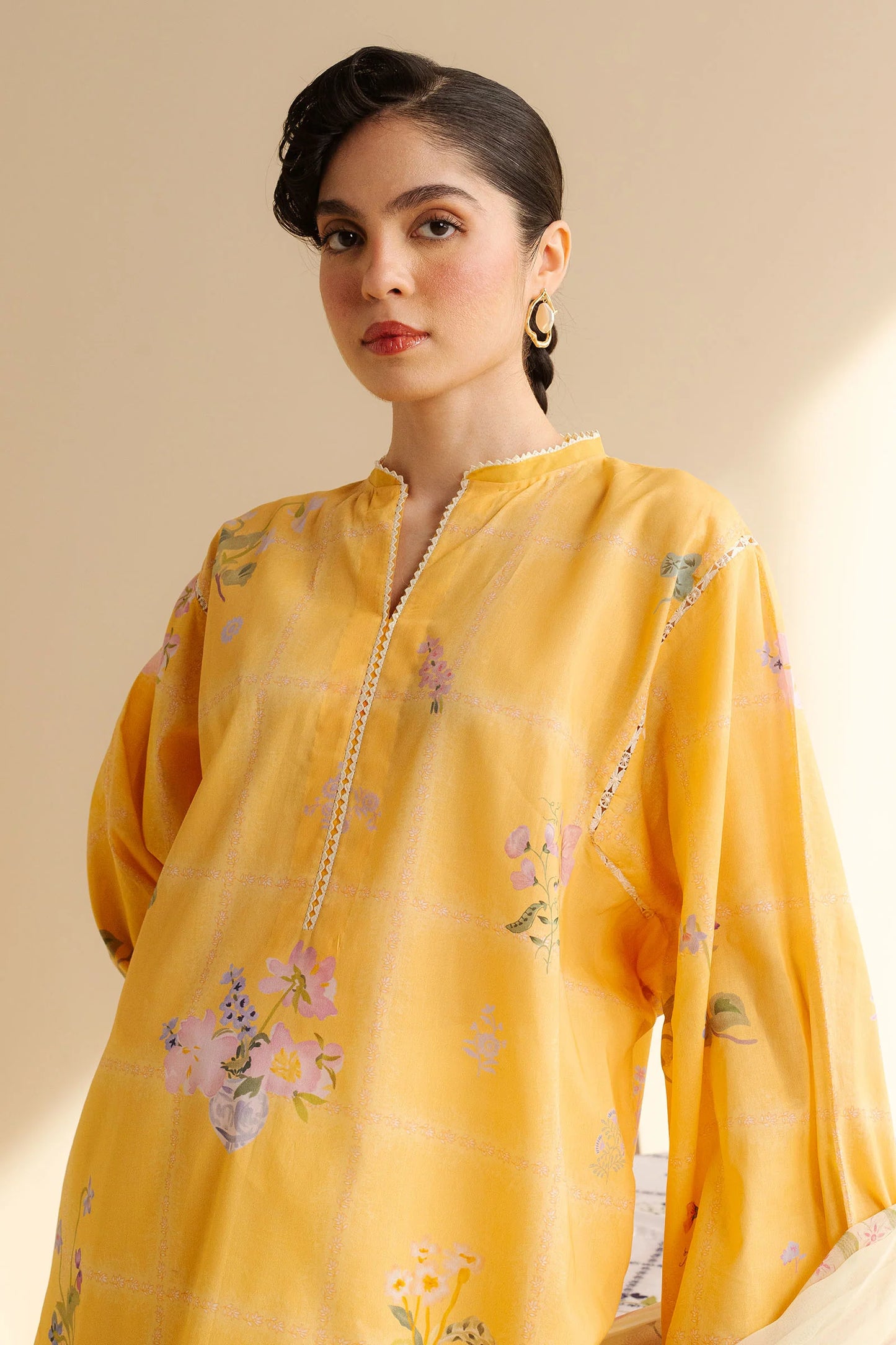 COCO BY ZARA SHAHJAHAN - 3PC UNSTITCHED - A playful yellow print shirt teamed with cuffed trousers and a dusty-toned dupatta