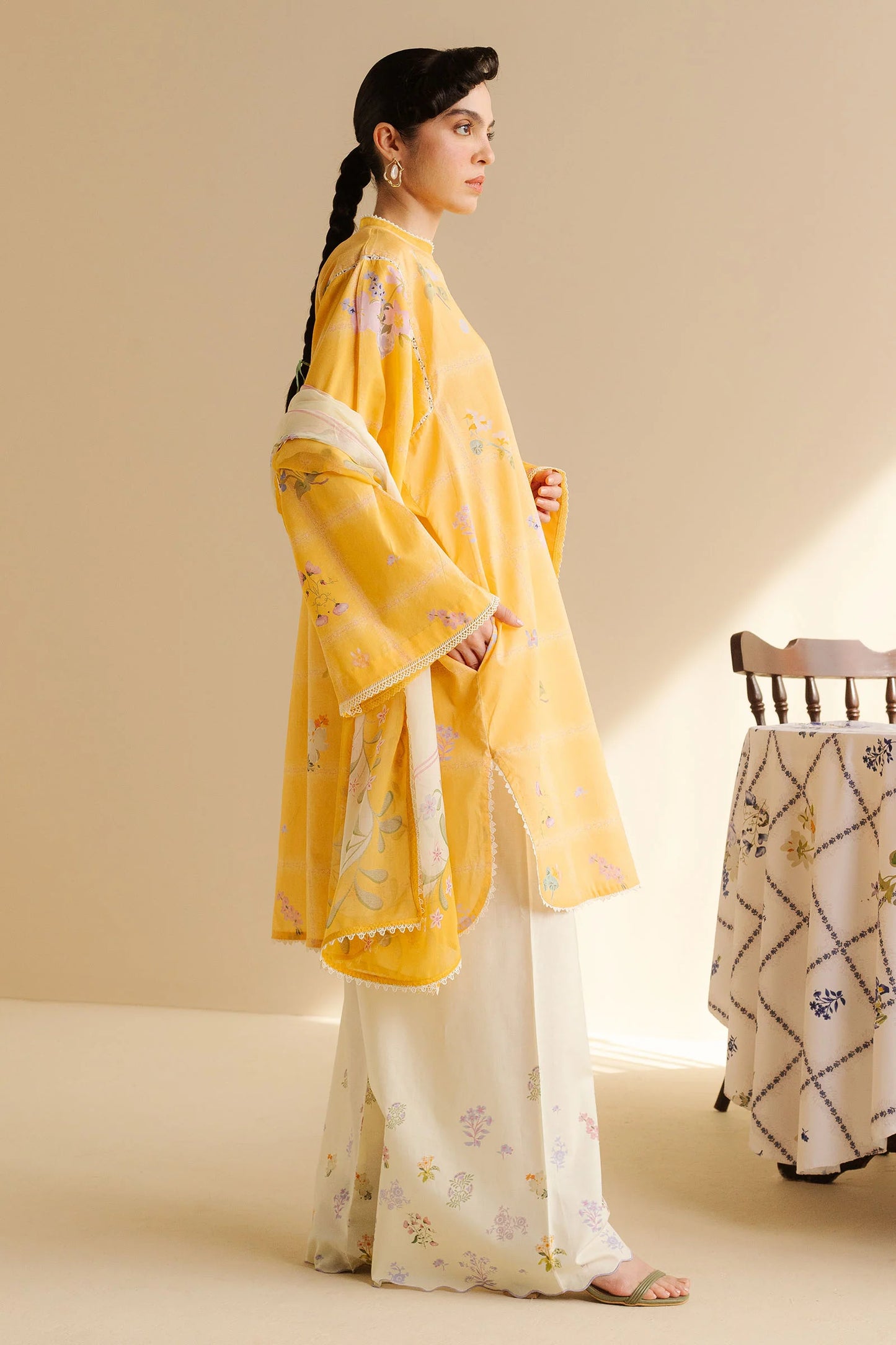 COCO BY ZARA SHAHJAHAN - 3PC UNSTITCHED - A playful yellow print shirt teamed with cuffed trousers and a dusty-toned dupatta