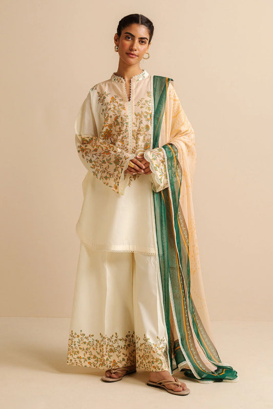 COCO BY ZARA SHAHJAHAN - 3PC UNSTITCHED - A breezy printed shirt with tonal embroidery, styled with crisp trousers with heavy border and a dreamy light shade dupatta in blended hues
