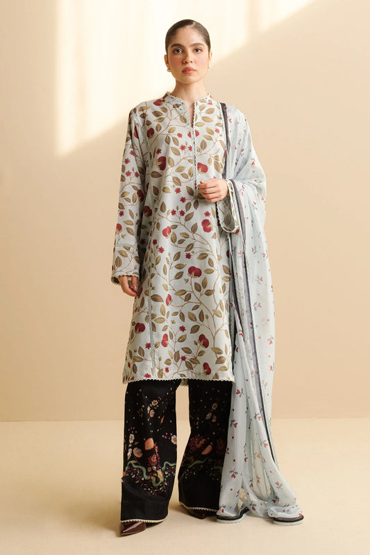 COCO BY ZARA SHAHJAHAN - 3PC UNSTITCHED - A breezy light blue and white shaded shirt adorned with red leaves and intricate patterns, paired with bold black patterned trousers and a simple white dupatta