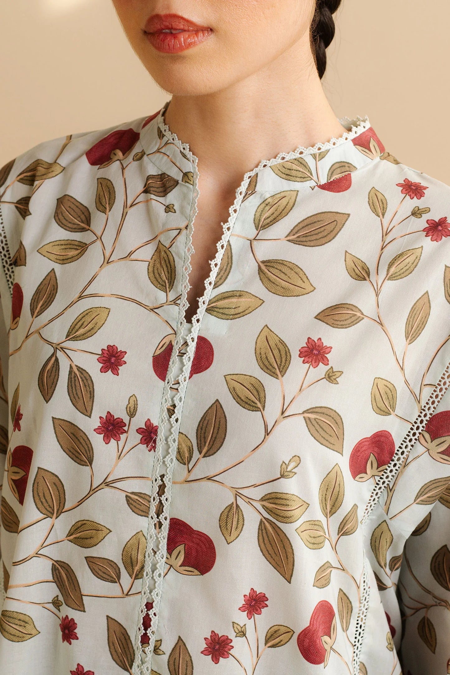COCO BY ZARA SHAHJAHAN - 3PC UNSTITCHED - A breezy light blue and white shaded shirt adorned with red leaves and intricate patterns, paired with bold black patterned trousers and a simple white dupatta
