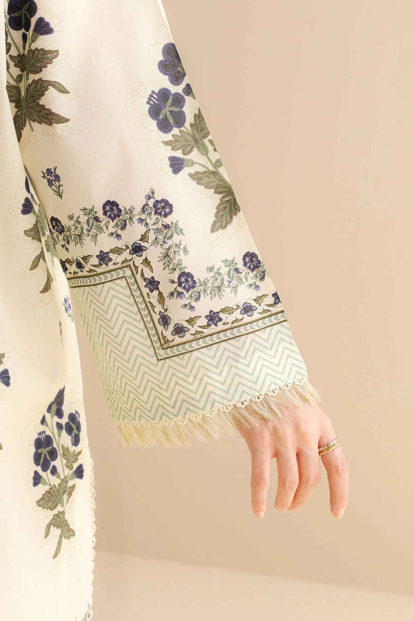 COCO BY ZARA SHAHJAHAN - 3PC UNSTITCHED - A classic white printed shirt featuring intricate prints, styled with scalloped trousers and a light blue dupatta