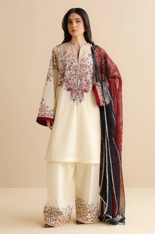 COCO BY ZARA SHAHJAHAN - 3PC UNSTITCHED - A printed shirt with vintage charm, worn with airy trousers and a gradient dupatta that ties the palette together.