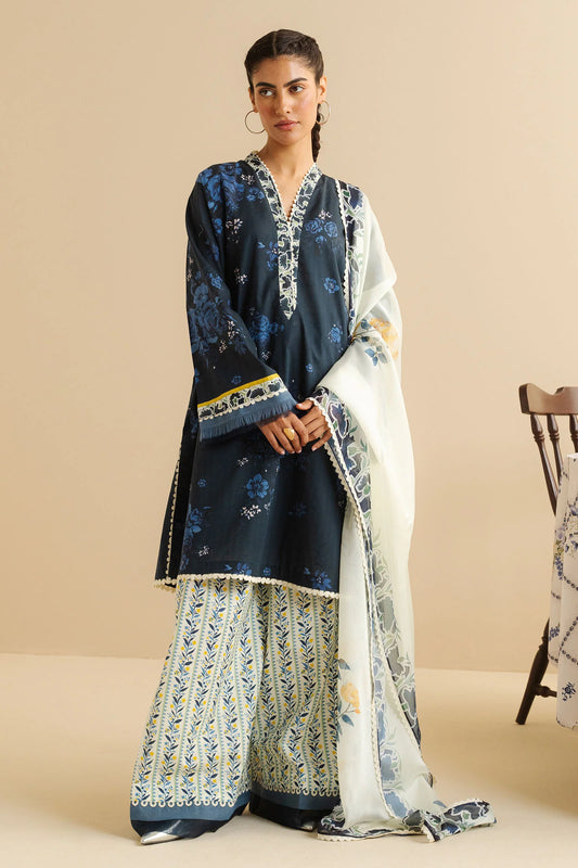 COCO BY ZARA SHAHJAHAN - 3PC UNSTITCHED - A blue printed shirt paired with printed white trousers and a breezy embrodided dupatta in soft contrasting tones