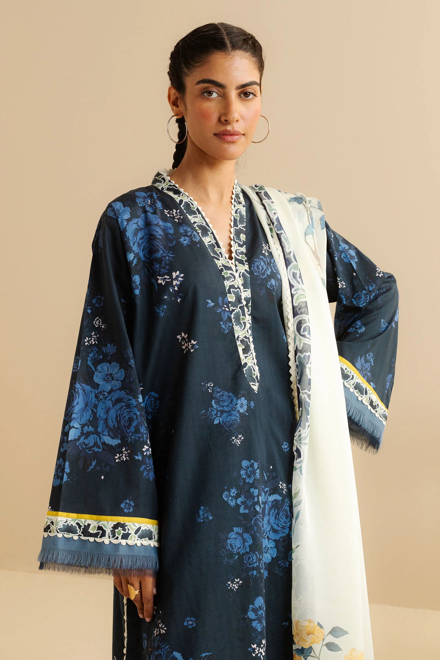 COCO BY ZARA SHAHJAHAN - 3PC UNSTITCHED - A blue printed shirt paired with printed white trousers and a breezy embrodided dupatta in soft contrasting tones