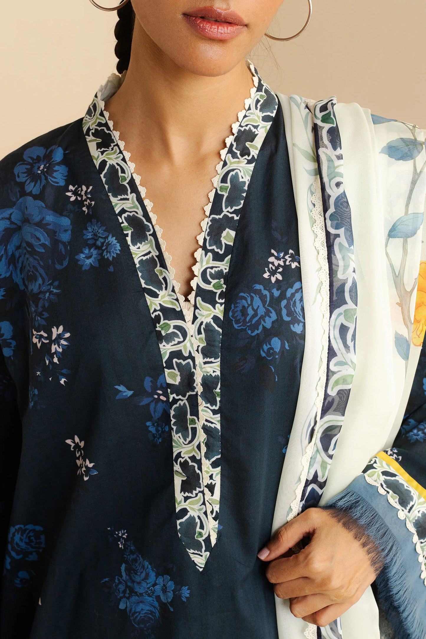 COCO BY ZARA SHAHJAHAN - 3PC UNSTITCHED - A blue printed shirt paired with printed white trousers and a breezy embrodided dupatta in soft contrasting tones