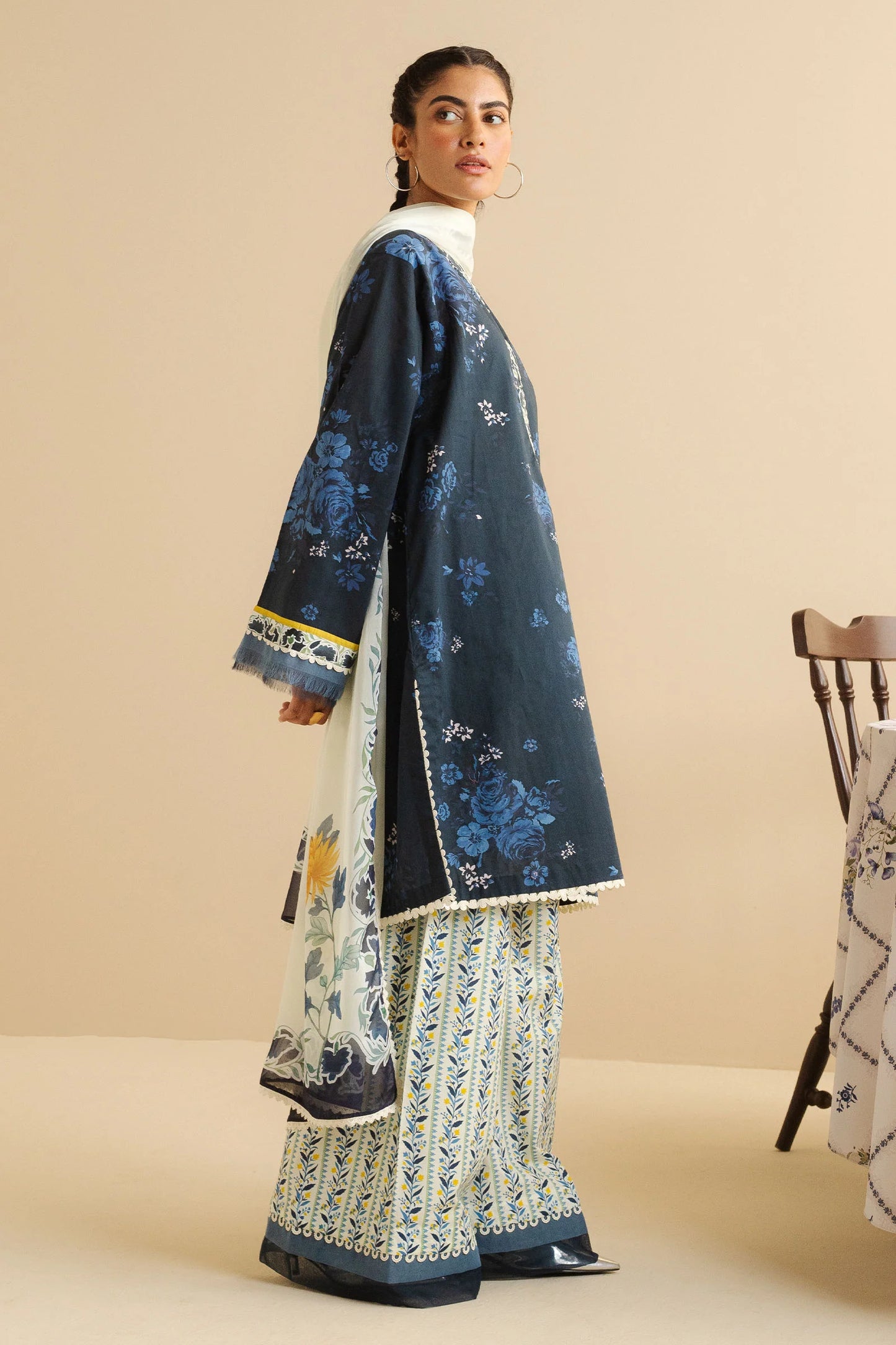 COCO BY ZARA SHAHJAHAN - 3PC UNSTITCHED - A blue printed shirt paired with printed white trousers and a breezy embrodided dupatta in soft contrasting tones