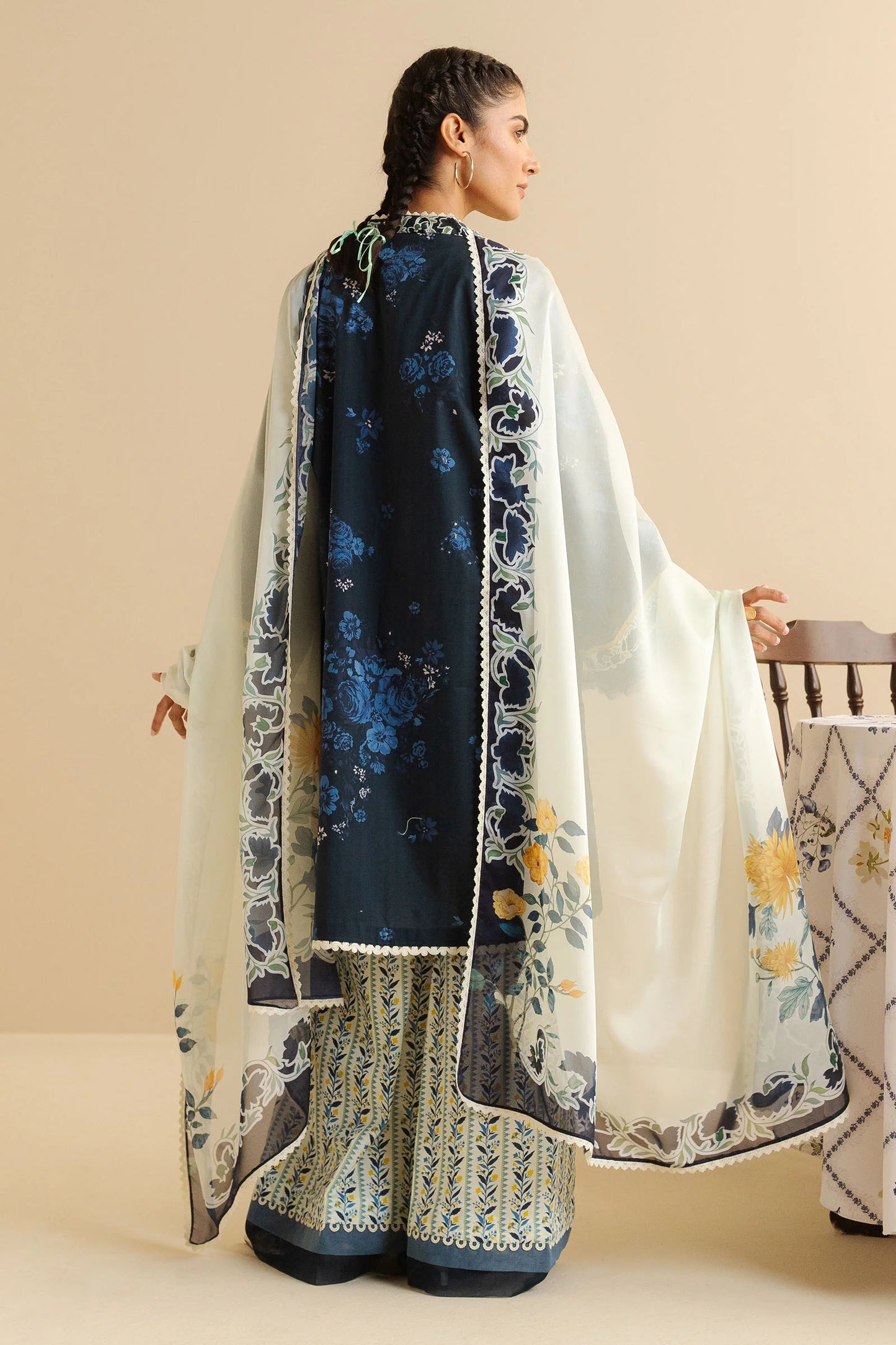 COCO BY ZARA SHAHJAHAN - 3PC UNSTITCHED - A blue printed shirt paired with printed white trousers and a breezy embrodided dupatta in soft contrasting tones