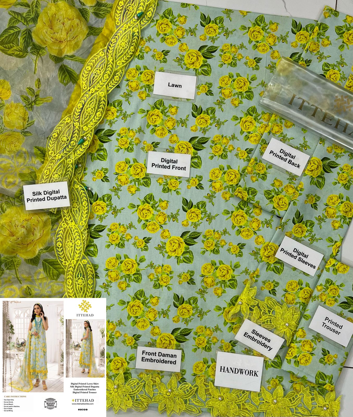 Ittehad - Embroidered Lawn 3 PC unstitched with Silk Duppatta