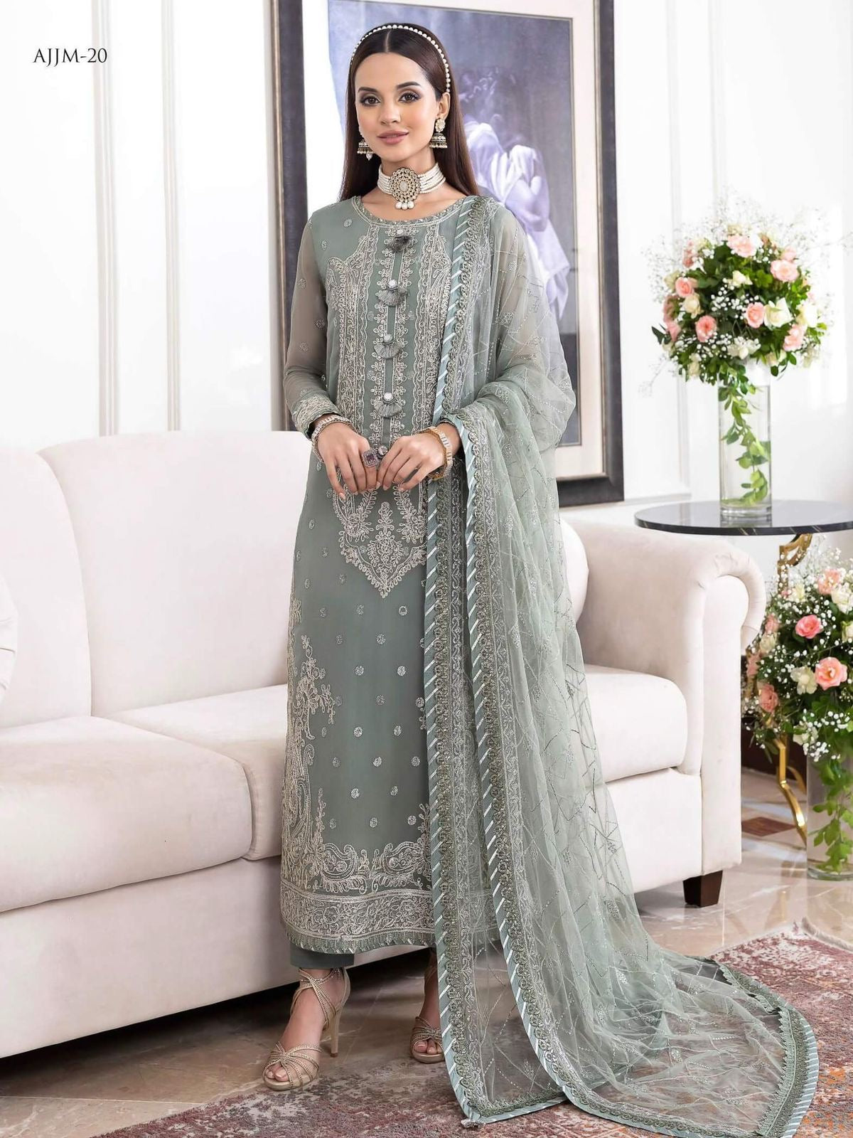 Asim jofa - Chiffon Embroidered 3 Piece Unstitched