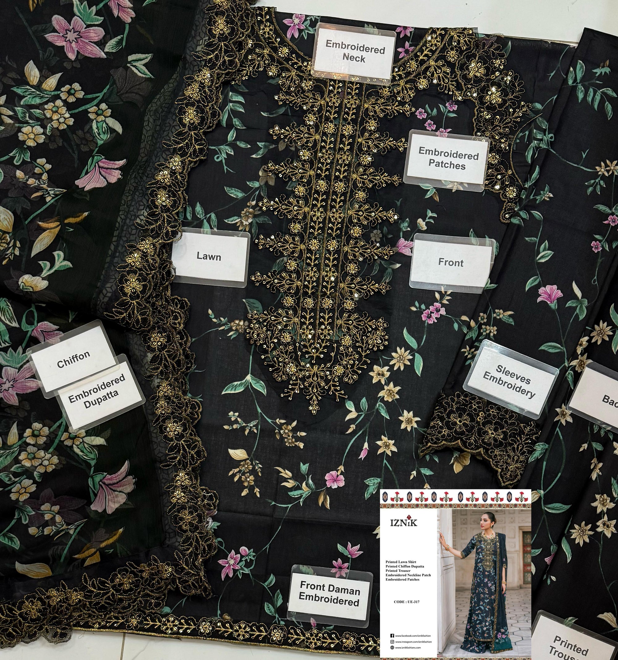 IZNIK - Embroidered Lawn 3- Piece Unstitched