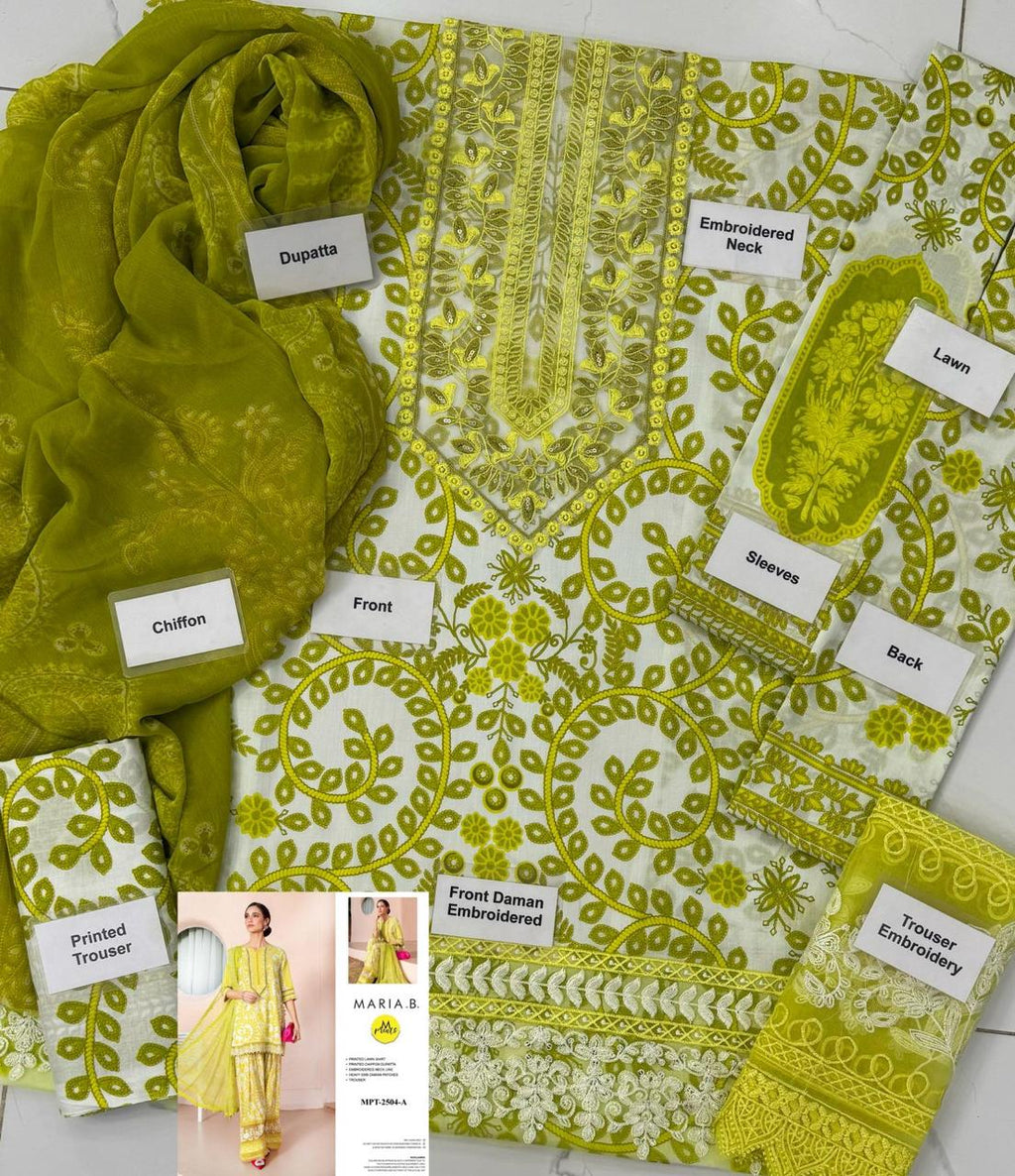 MARIA.B-3PC LAWN EMBROIDERED PRINTED SHIRT WITH CHIFFON PRINT DUPATTA AND PRINT TROUSER