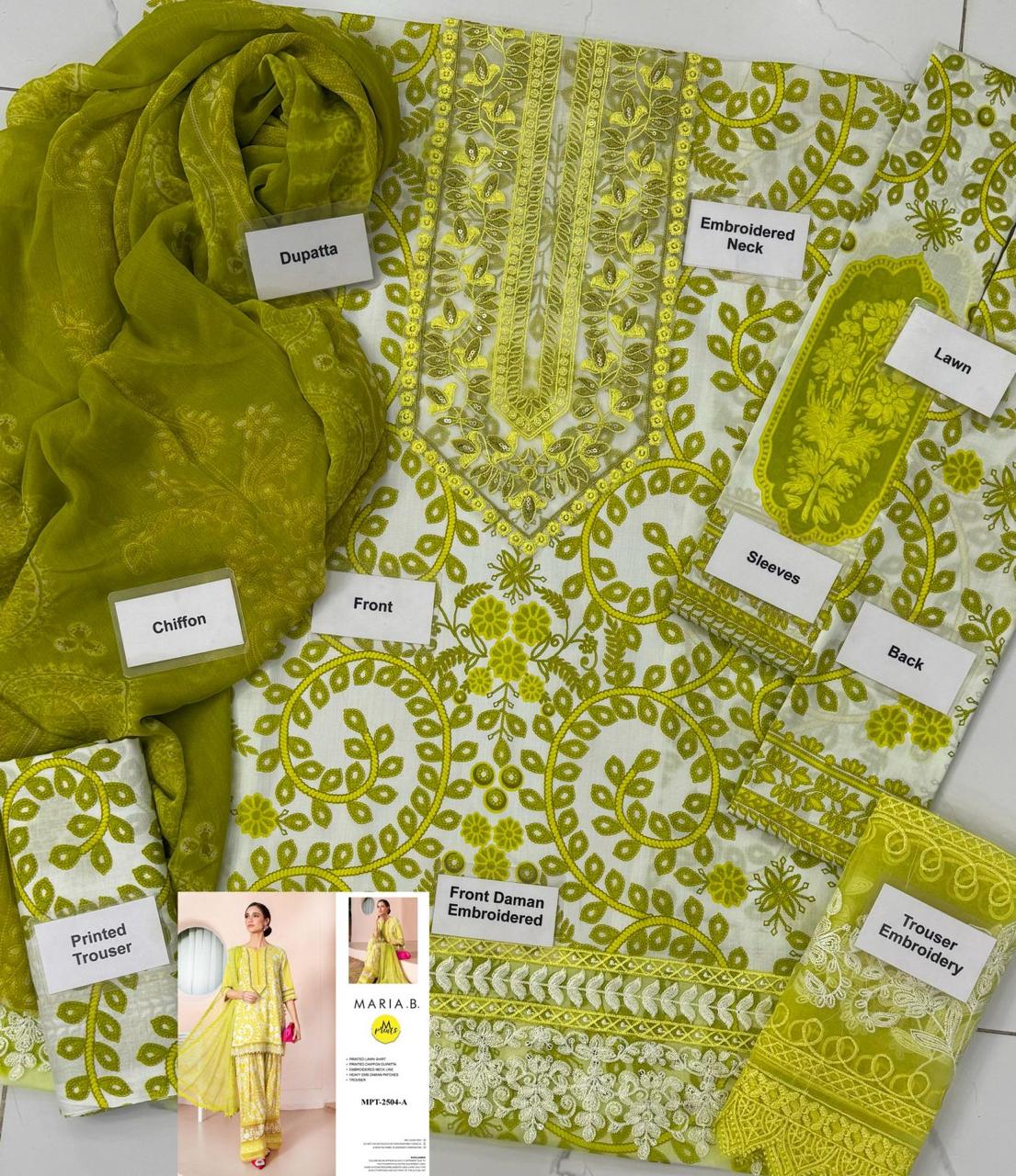MARIA.B-3PC LAWN EMBROIDERED PRINTED SHIRT WITH CHIFFON PRINT DUPATTA AND PRINT TROUSER