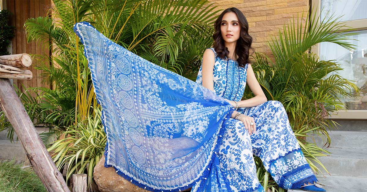 MARIA.B-3PC LAWN EMBROIDERED PRINTED SHIRT WITH CHIFFON PRINT DUPATTA AND PRINT TROUSER