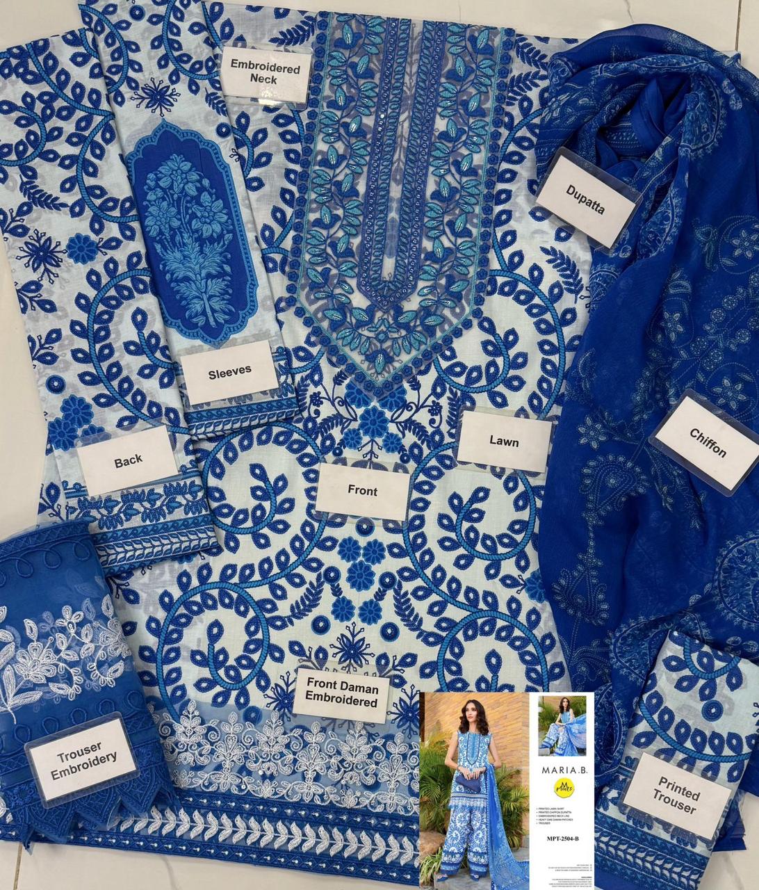 MARIA.B-3PC LAWN EMBROIDERED PRINTED SHIRT WITH CHIFFON PRINT DUPATTA AND PRINT TROUSER